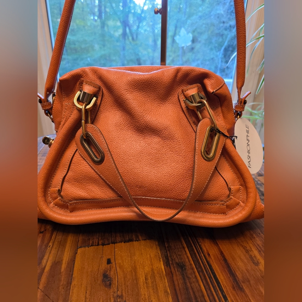 🧡 Authenticated Chloé Paraty Medium Satchel Bag in Orange Leather Suntan - Picture 6 of 16